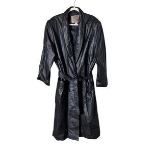 Vintage International Leather Maxi Trench Coat Medium Mob Wife Grunge Long Black